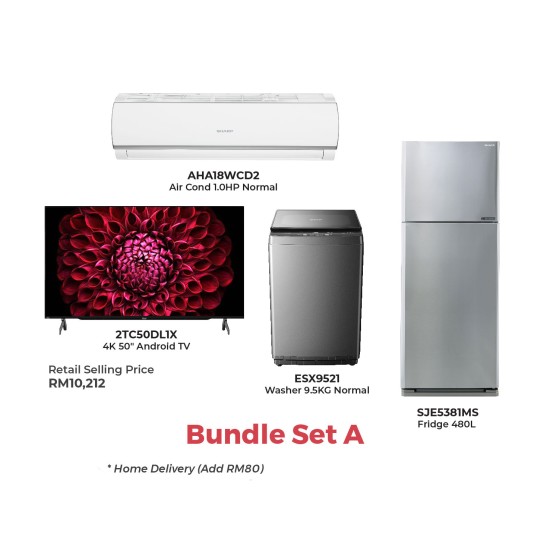 SHARP Bundle Set A (2.0HP R32 Non-Inverter Air Conditioner, 50 inch 4K UHD Android TV, 9.5kg Full Auto Washing Machine, 480L Pelican Refrigerator)