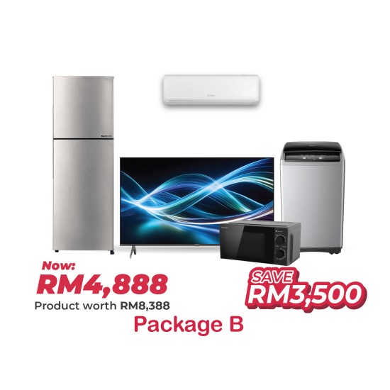 Package B (50" TV Aquos 4K UHD Smart Google TV + 1.5HP R32 Non-Inverter Air Conditioner + 8.5kg Non-Inverter Top Load Washing + 320L 2 Door Inverter Refrigerator + 23L Solo Microwave Oven)