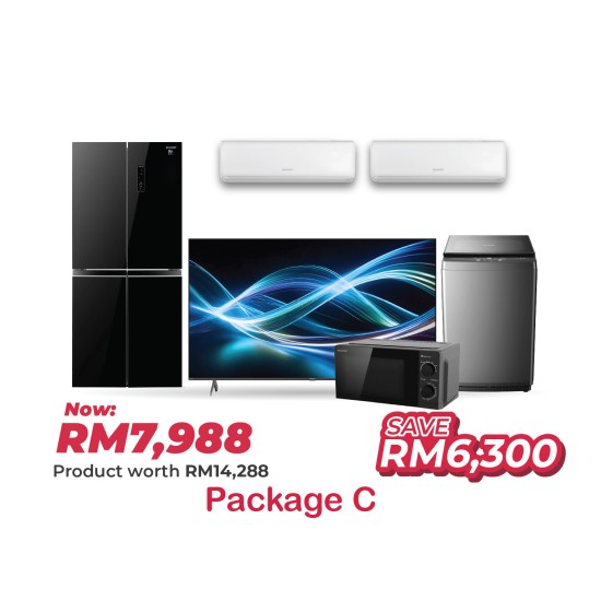 Package C (65" TV Aquos 4K UHD Smart Google TV + 1.5HP R32 Non-Inverter Air Conditioner + 1.0HP R32 Non-Inverter Air Conditioner + 8.5KG Top Load Washing Machine + 480L 4 Doors Inverter Refrigerator + 23L Solo Microwave Oven)