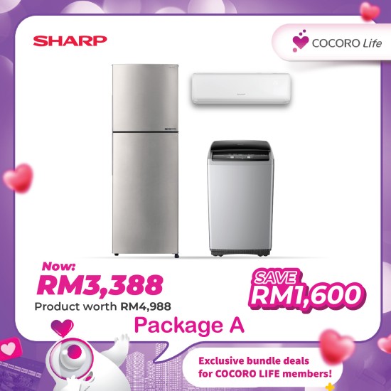 Package A (1.5HP R32 Non-Inverter Air Conditioner + 8.5kg Non-Inverter Top Load Washing + 320L 2 Door Inverter Refrigerator)