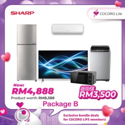 Package B (50" TV Aquos 4K UHD Smart Google TV + 1.5HP R32 Non-Inverter Air Conditioner + 8.5kg Non-Inverter Top Load Washing + 320L 2 Door Inverter Refrigerator + 23L Solo Microwave Oven)