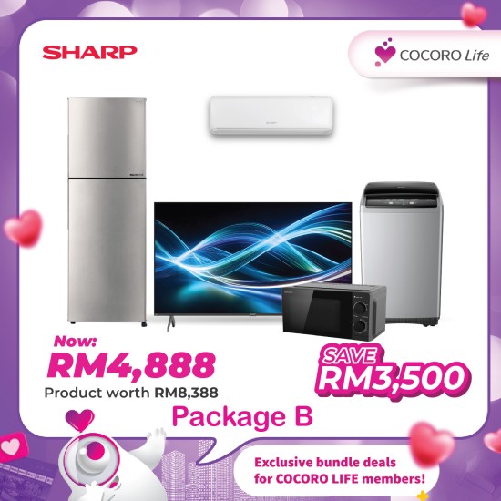 Package B (50" TV Aquos 4K UHD Smart Google TV + 1.5HP R32 Non-Inverter Air Conditioner + 8.5kg Non-Inverter Top Load Washing + 320L 2 Door Inverter Refrigerator + 23L Solo Microwave Oven)