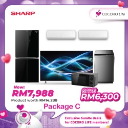 Package C (65" TV Aquos 4K UHD Smart Google TV + 1.5HP R32 Non-Inverter Air Conditioner + 1.0HP R32 Non-Inverter Air Conditioner + 8.5KG Top Load Washing Machine + 480L 4 Doors Inverter Refrigerator + 23L Solo Microwave Oven)